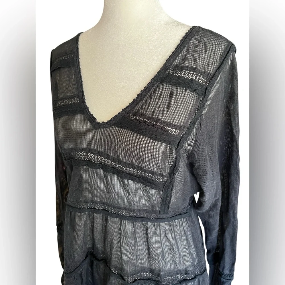 FREE PEOPLE Berlin Black Mesh Long-Sleeved Mini Dress Boho Lace Size S - Picture 3 of 8